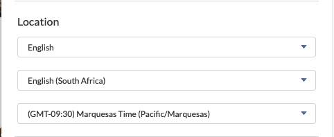 带 English(英语)、English (South Africa)(英语(南非))和 (GMT-09:30) Marquesas (Pacific/Marquesas)((GMT-09:30) 马克萨斯(太平洋/马克萨斯))下拉列表的位置表单。