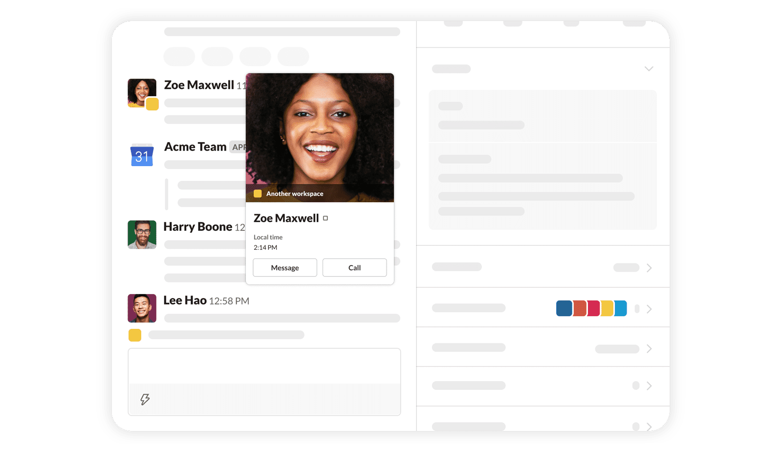 Slack UI の例に表示されたユーザープロファイルのモーダルポップアップ