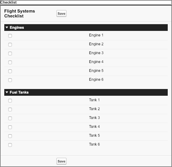 「Flight Systems (飛行システム)」 Visualforce ページのプレビュー