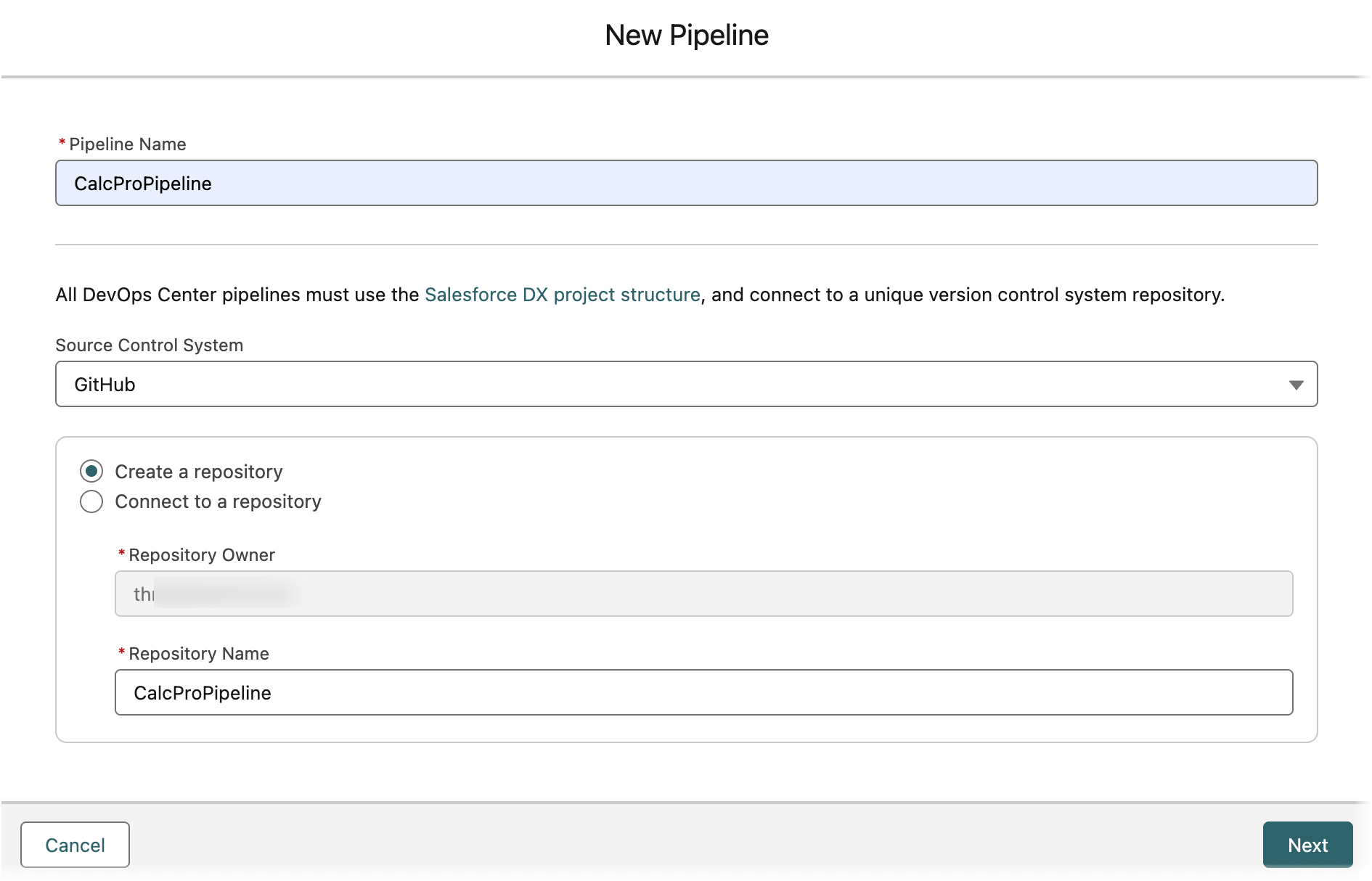 New Pipeline window with CalcProPipeline as pipeline name, GitHub as source control, and Create a repository option selected.