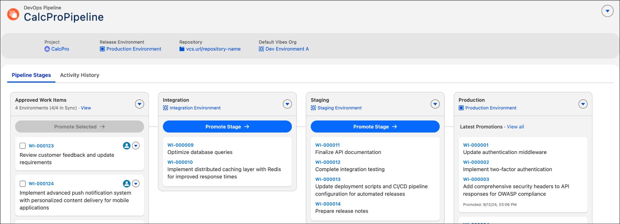 DevOps Center pipeline showing work items flowing through development, integration, staging, and production stages.