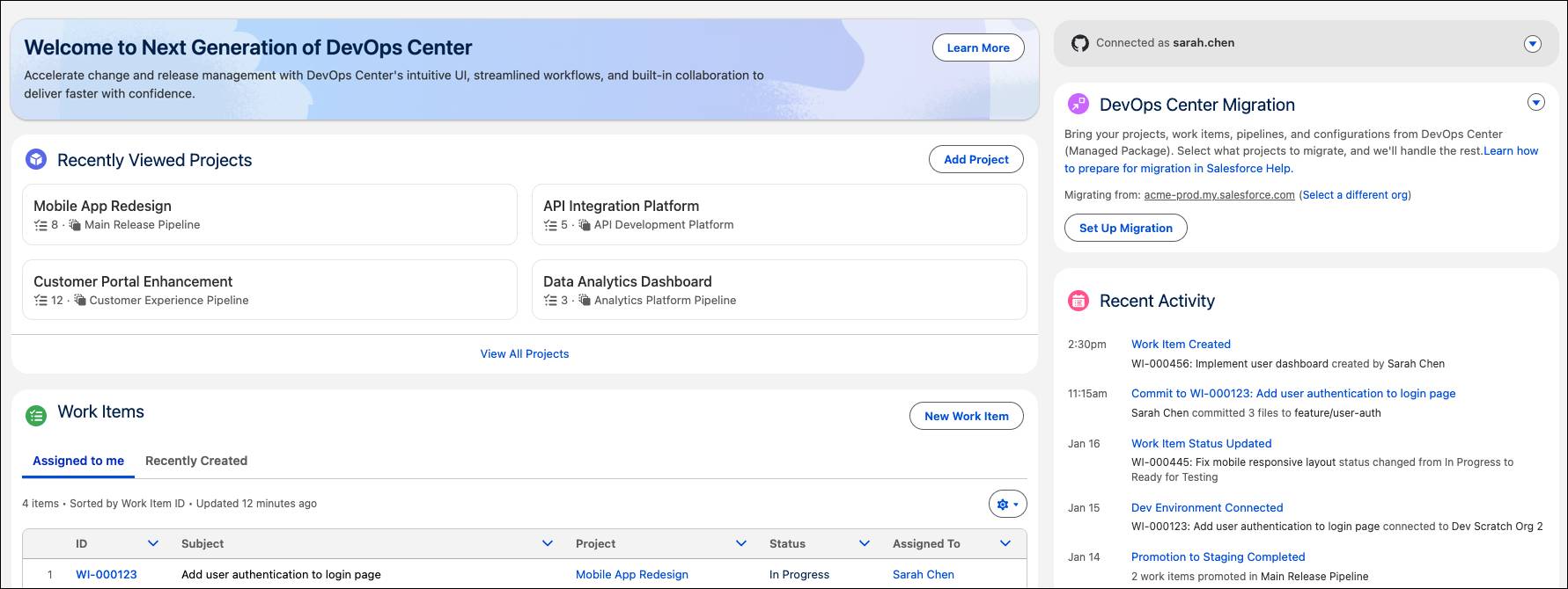 DevOps Center Home tab with recent projects, connected user sidebar, work items list, and activity feed.