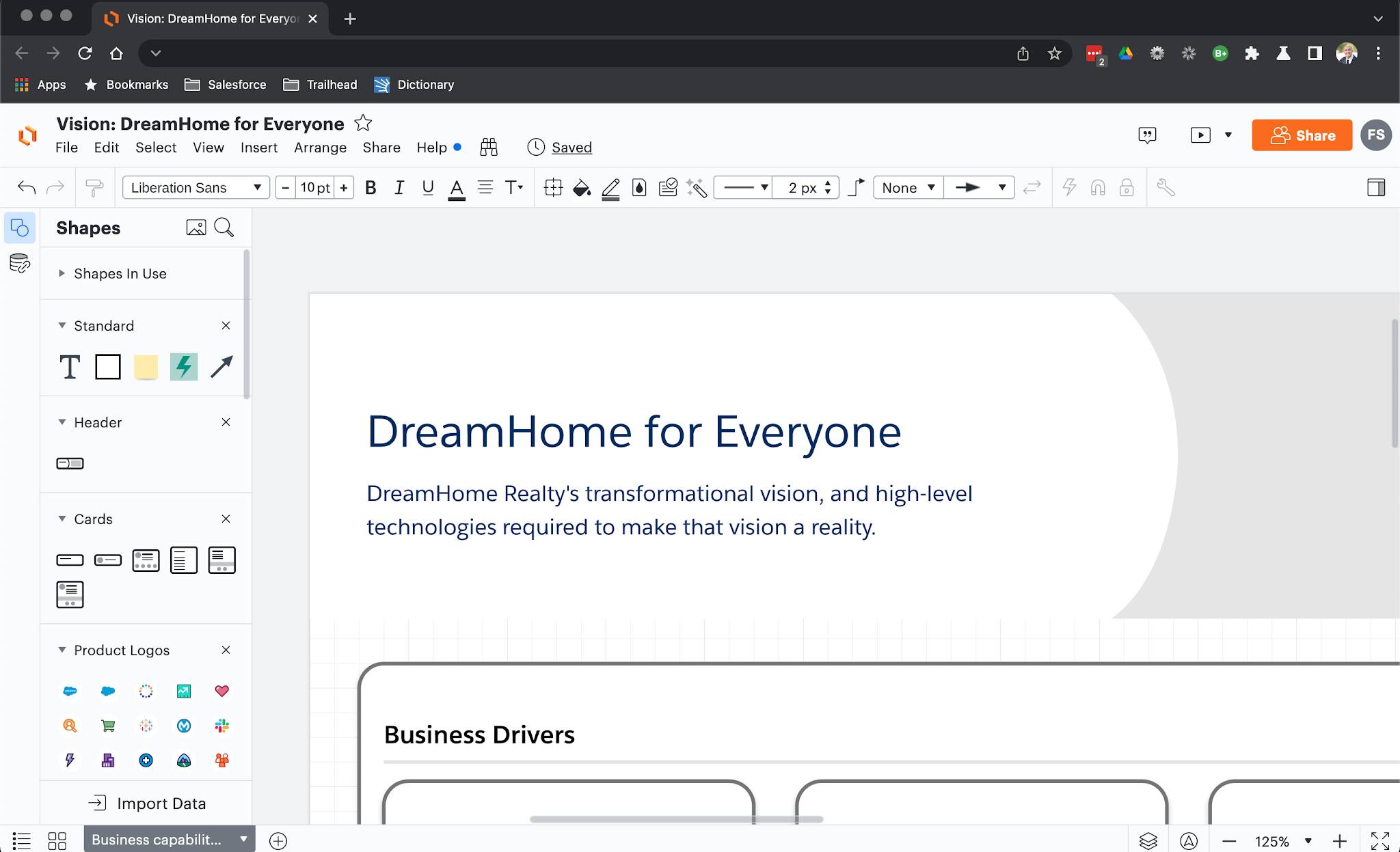 Lucidchart with business capability map open and changes to the header as described above