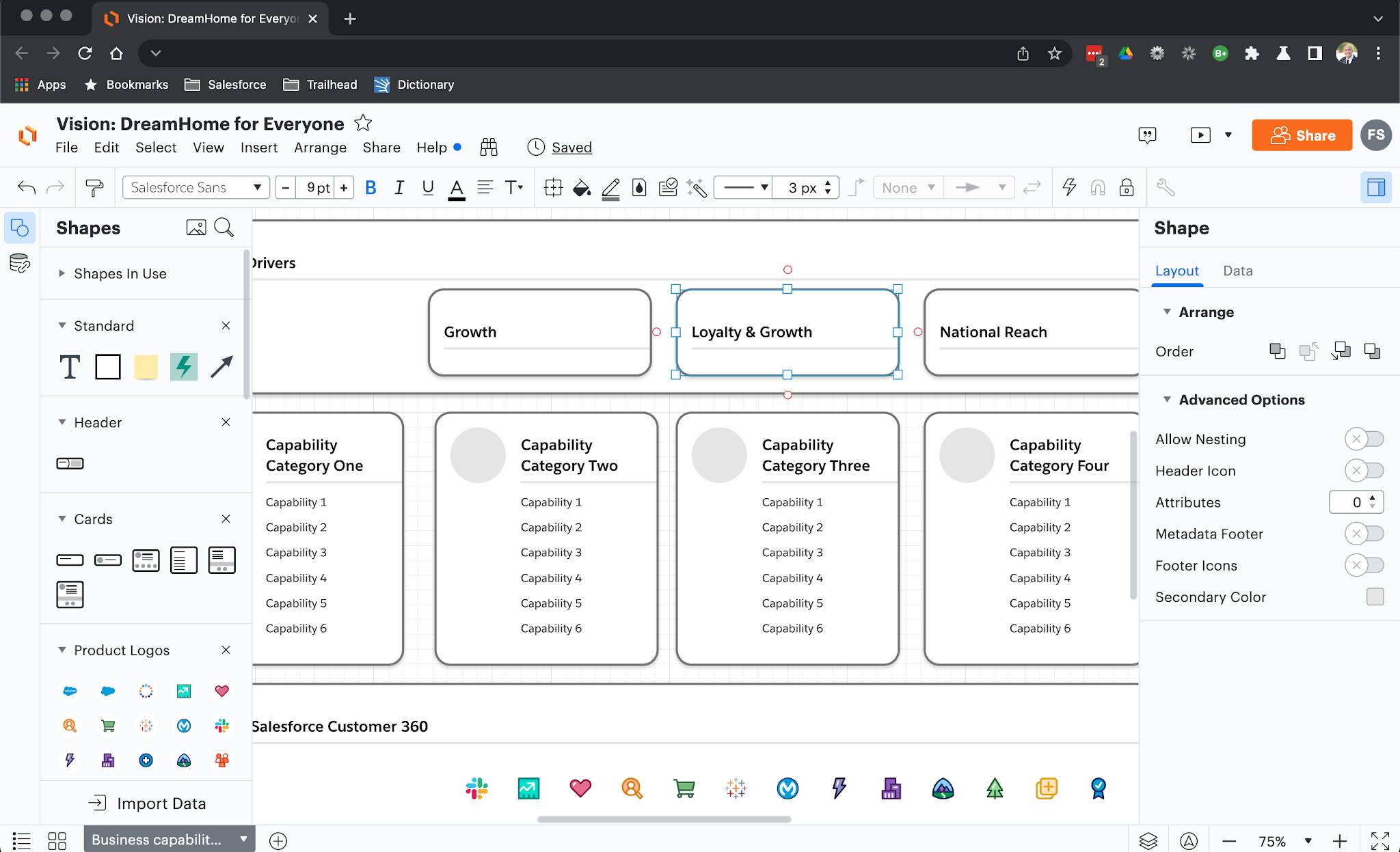 Lucidchart with business capability map open and changes to the business drivers as described above