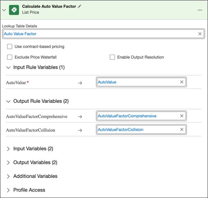 List Price step that looks up Auto Value factor and outputs factors for comprehensive and collision coverages.