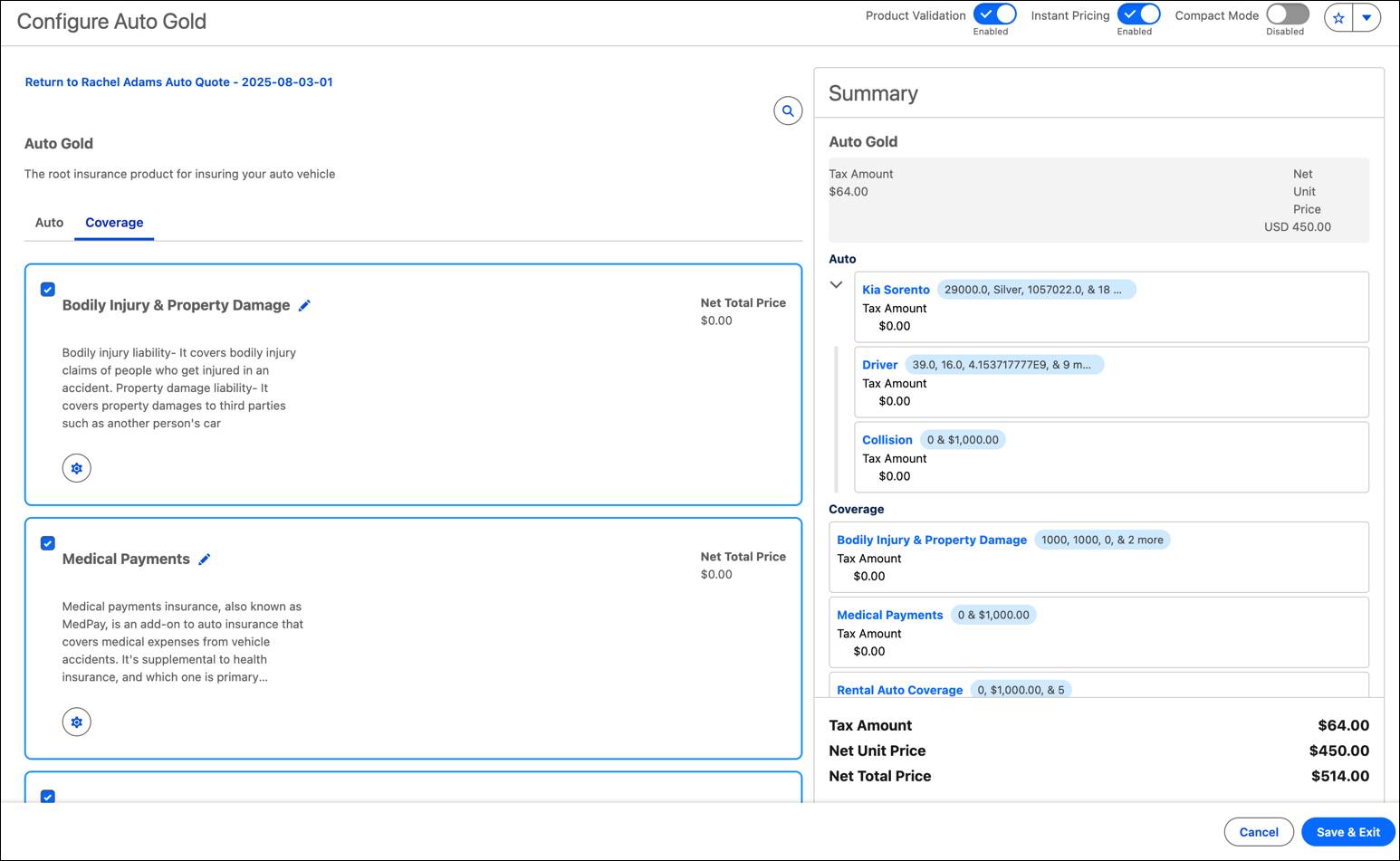 Product Configurator with coverages selected for Auto Gold.