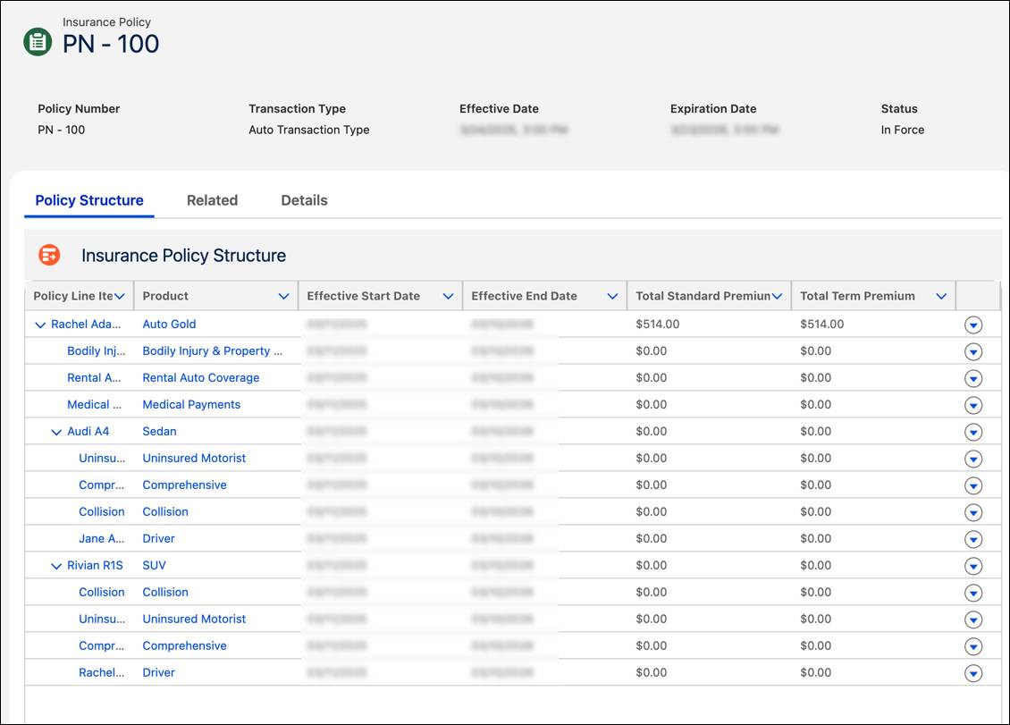 Policy Structure tab of policy record with Auto Gold product and insured vehicles and coverages displayed.