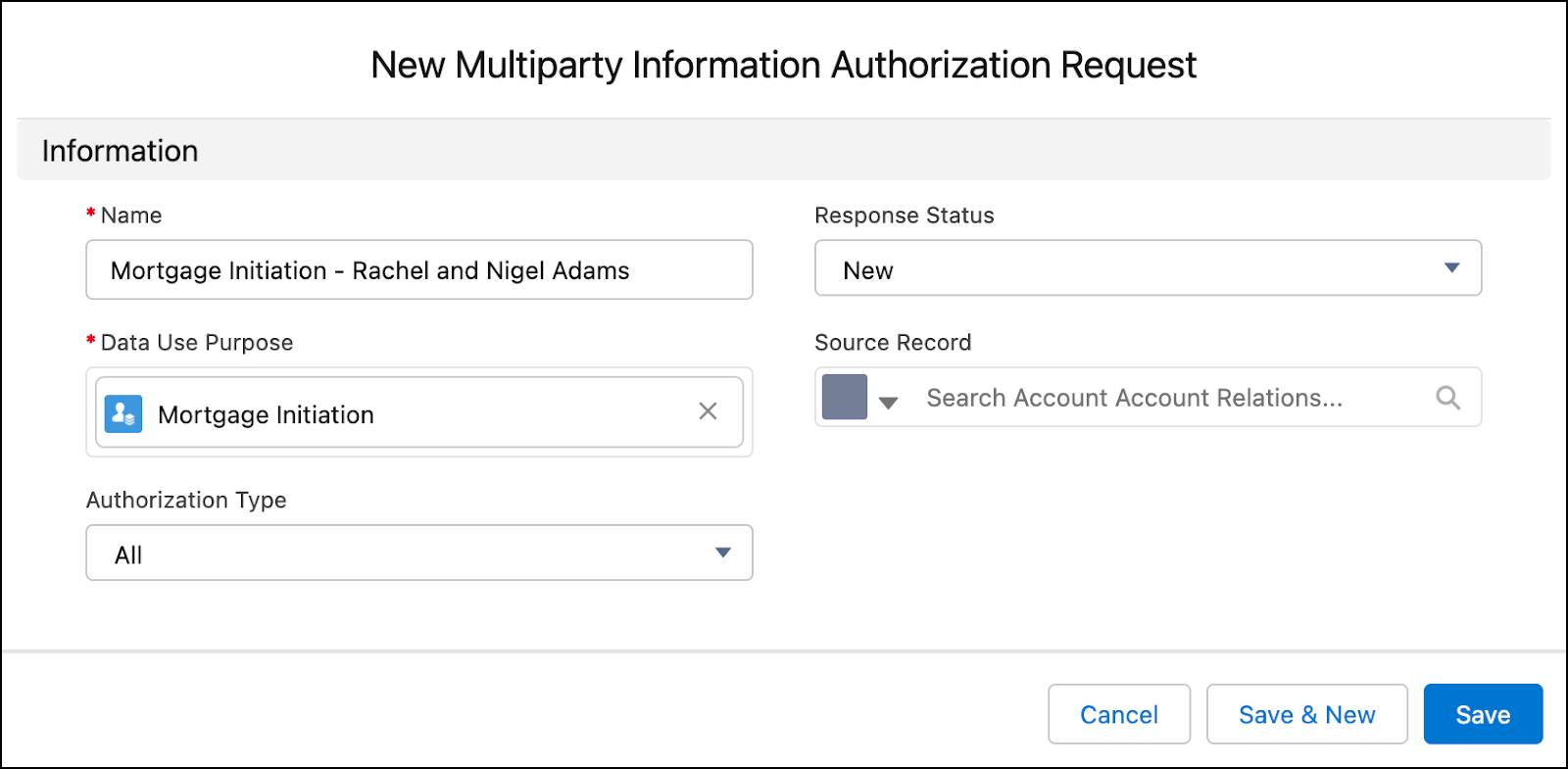 [New Multiparty Information Authorization Request (新規マルチパーティ情報認証要請)] ウィンドウ。
