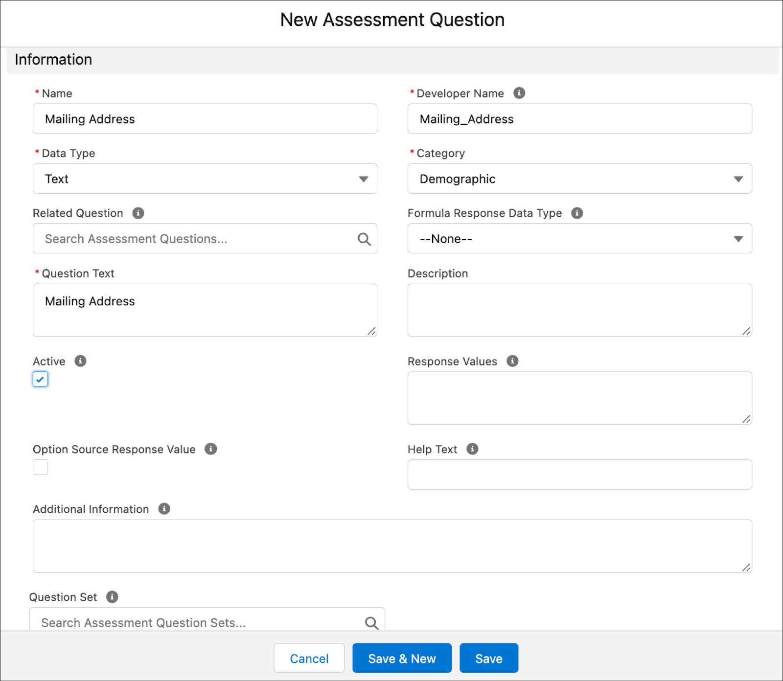 [New Assessment Question (新しい調査の質問)] ウィンドウに情報を入力。