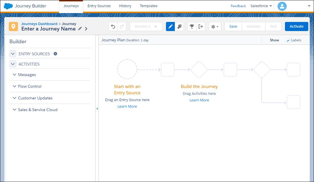 A blank canvas in Journey Builder.