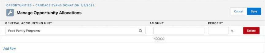 The Manage Opportunity Allocations page with Food Pantry Programs listed in the General Accounting Unit row