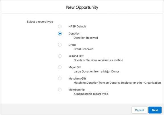 Sélection d’un type d’enregistrement sur la page Nouvelle opportunité
