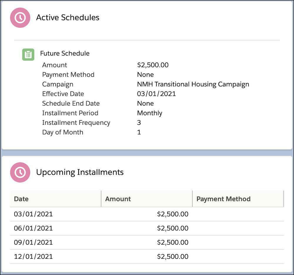 Current Recurring Donation Active Schedule and the Date, Amount, and Payment Method information for four Upcoming Installments
