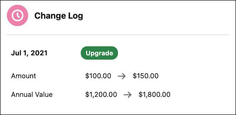 The Change Log component for an upgrade to the donation's monthly and annual amount