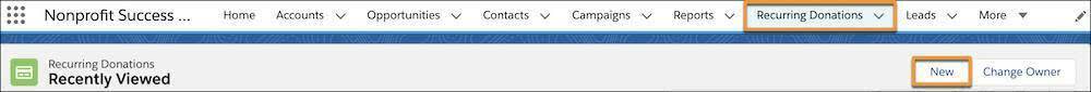 Recurring Donations tab with the New button