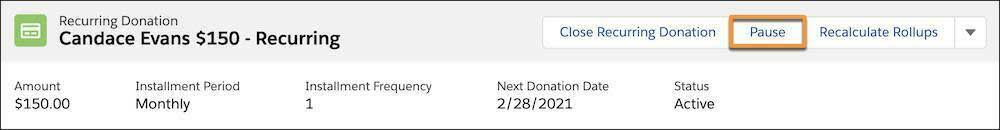 Candace’s Recurring Donation record and the Pause button