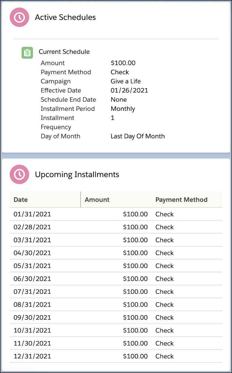 Current Recurring Donation Active Schedule and 12 Upcoming Installments, each with information in the Date, Amount, and Payment Method columns