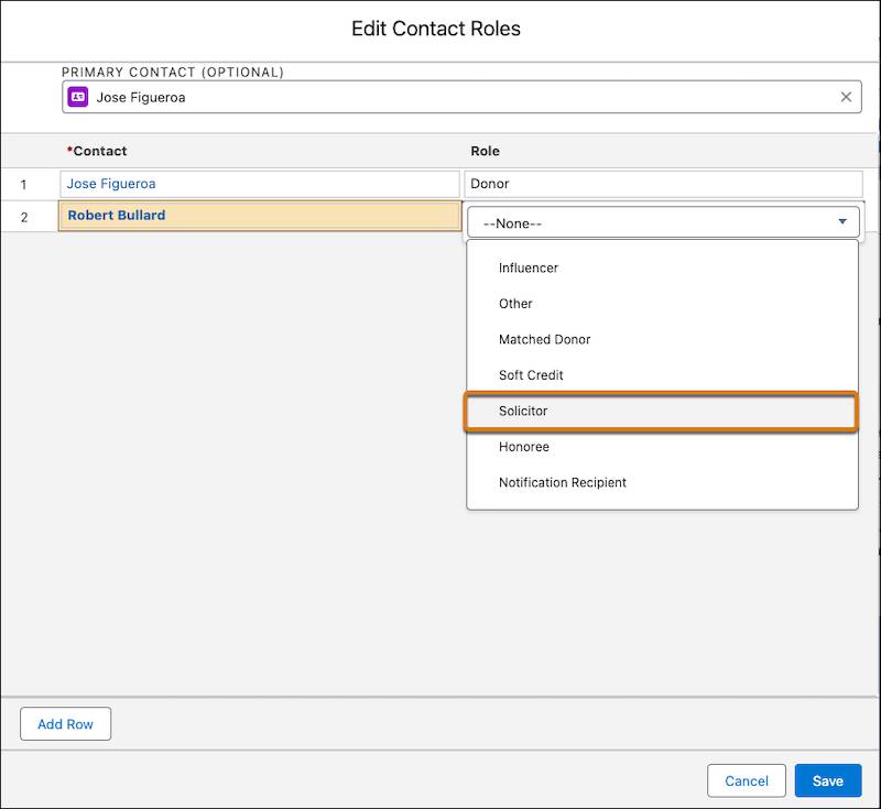 Manage Contact Roles detail, showing Contact name and Role type