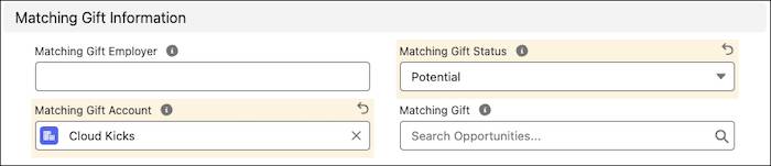 New Opportunity: Donation form, showing Matching Gift information and highlighting Save