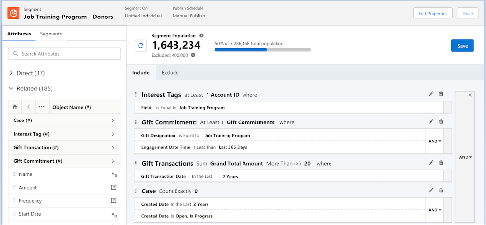 A segment in Data 360 using interest tags, gift commitments, gift transactions, and cases as criteria.