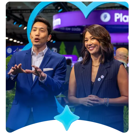 Two Salesforce+ hosts presenting.