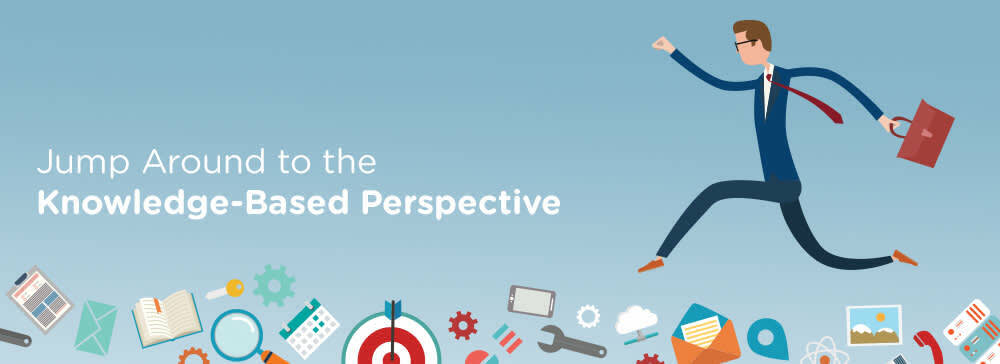 Cartoon man holding a briefcase leaping over various icons representing forms of knowledge. Text reads: Jump Around to the Knowledge-Based Perspective