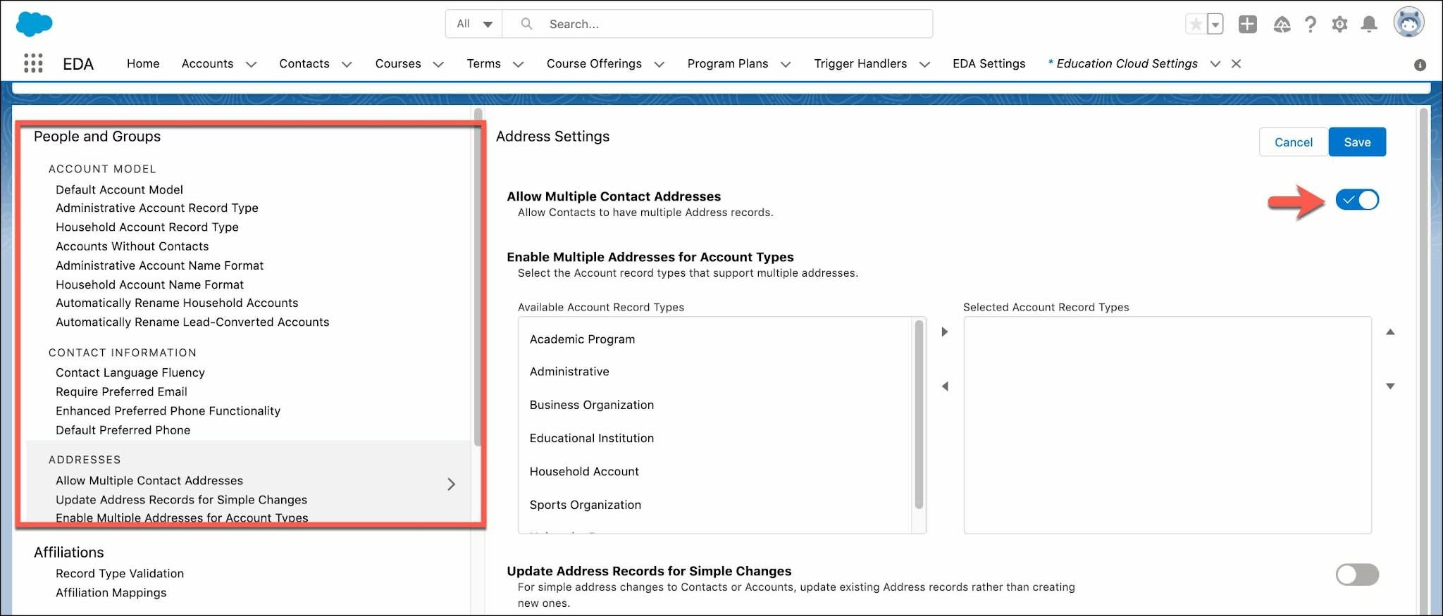 Disable the setting to allow multiple contact addresses by clicking the slider.