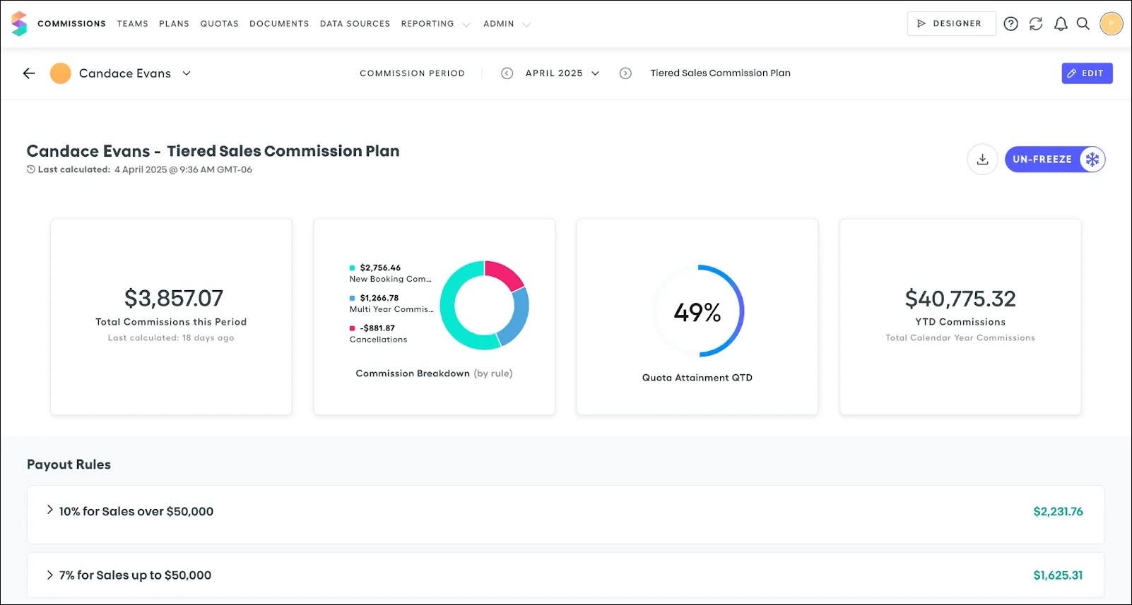 The commission plan showcasing the payout rules.