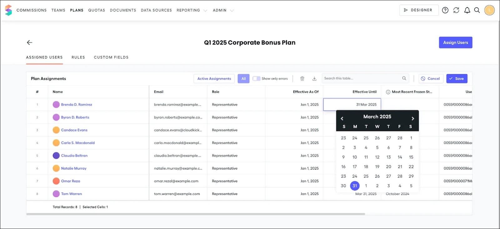 The Plans page showing the users assigned to the plan with effective dates.