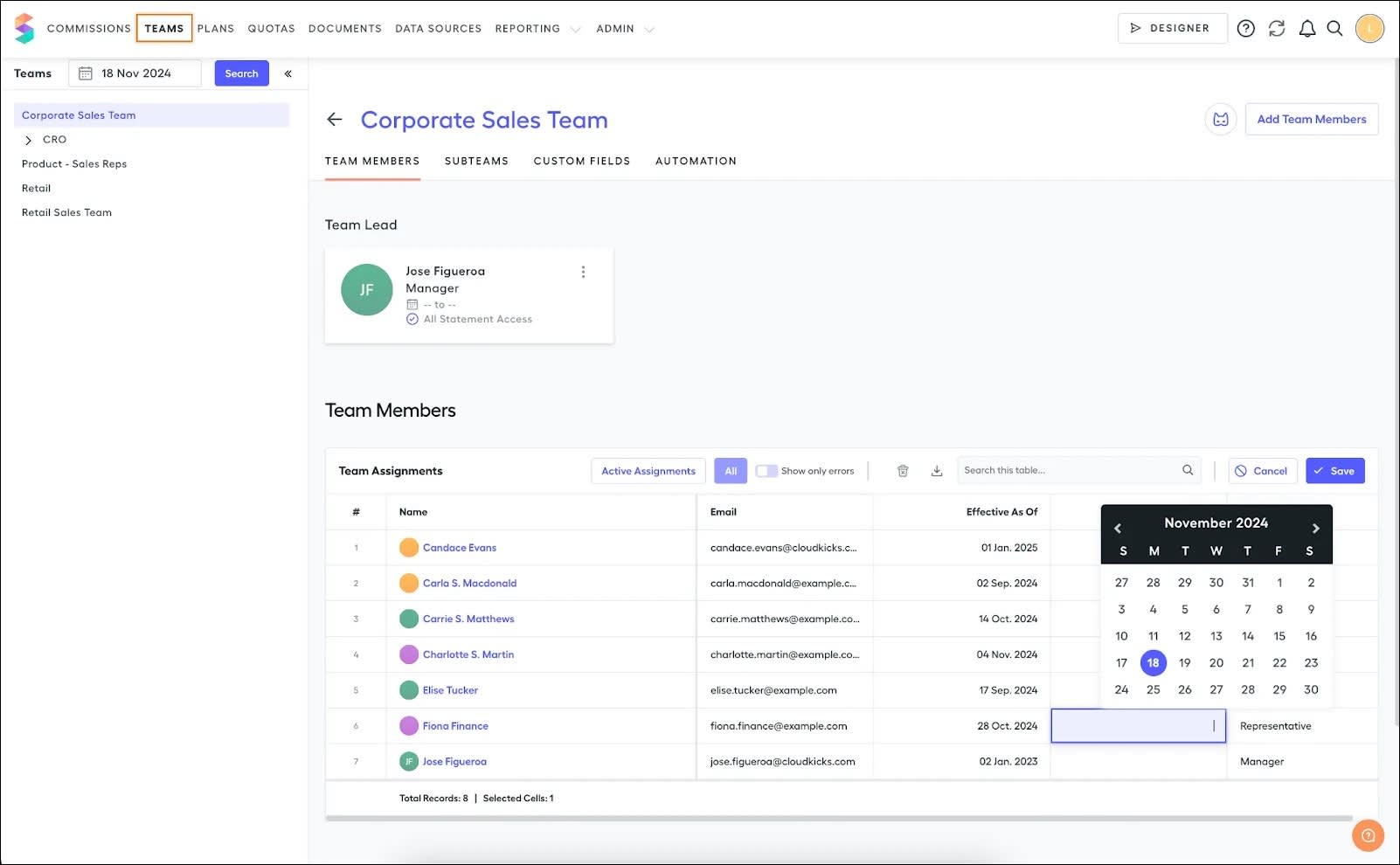 The Teams page showing assigned team members, with the effective date selected.