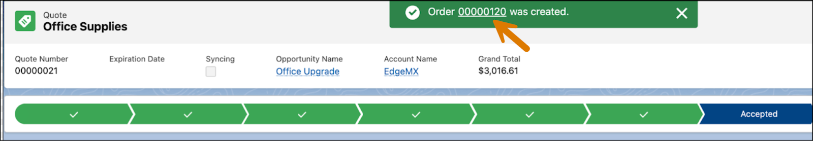 The order creation message with the newly created order number.