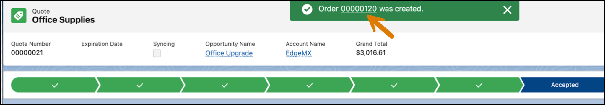 The order creation message with the newly created order number.