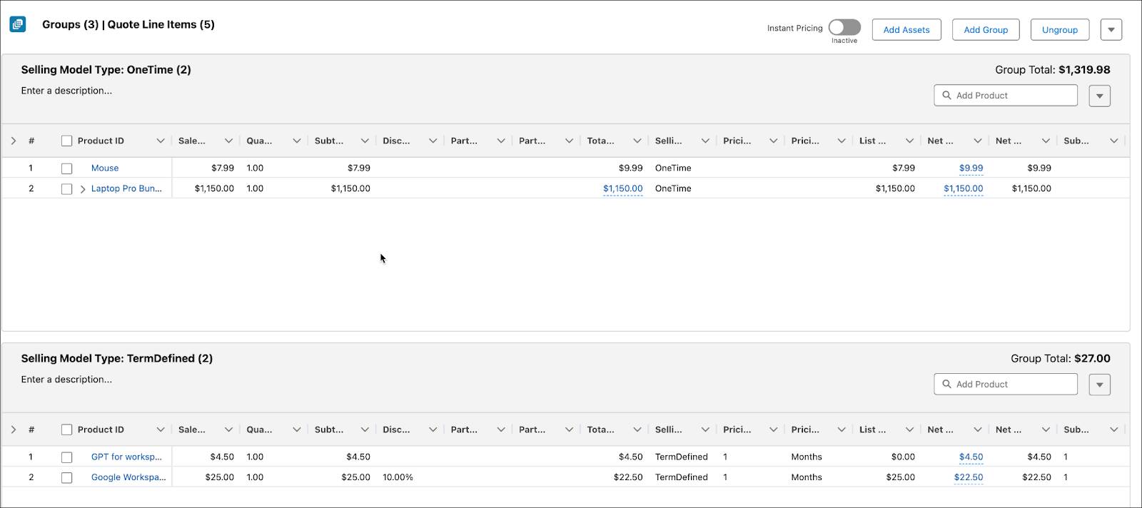 Quote line items in a multi-group view, organized by Selling Model Type.