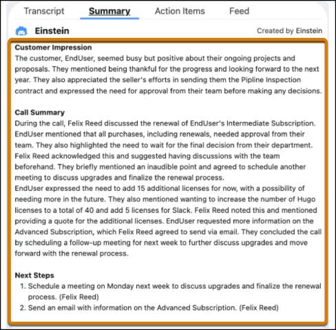 Summary with Call Summary listed.