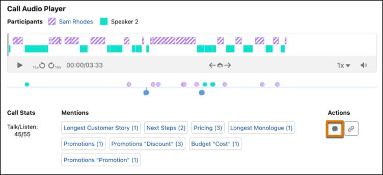 Call Audio Player with comment icon highlighted to demonstrate where to leave a coaching comment.