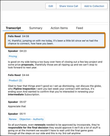 Transcript tab with a snippet highlighted.