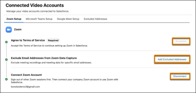 La pantalla Connected Video Accounts (Cuentas de video conectadas), con las opciones Accepted (Aceptados), Add Excluded Addresses (Agregar direcciones excluidas) y Disconnect (Desconectar) resaltadas.