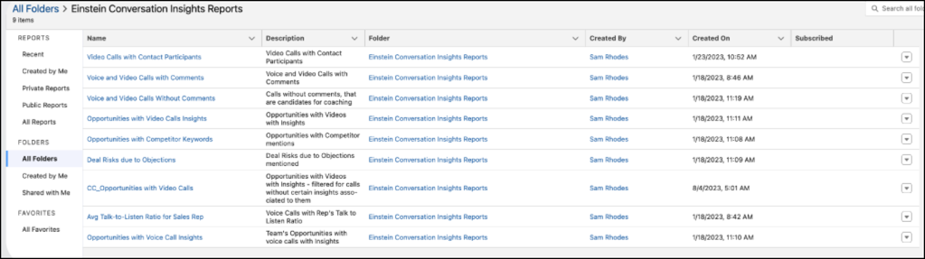 All the options available for Conversation Intelligence Reports.