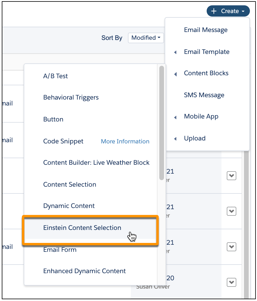 Einstein コンテンツ選択が Content Builder のコンテンツブロックのドロップダウンから選択されている画像