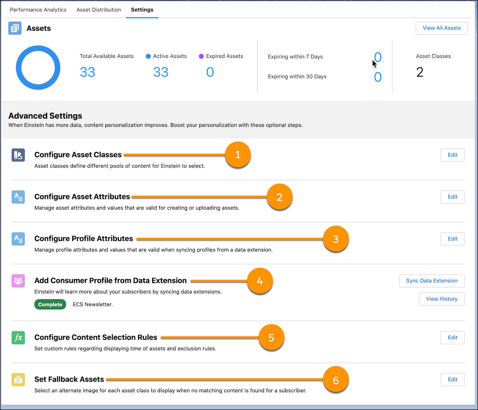 Einstein Content Selection Advanced Settings options with callouts.