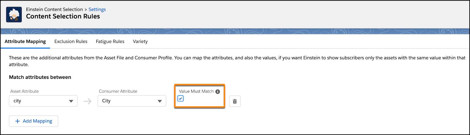 Einstein Content Selection Value Must Match checkbox highlighted.
