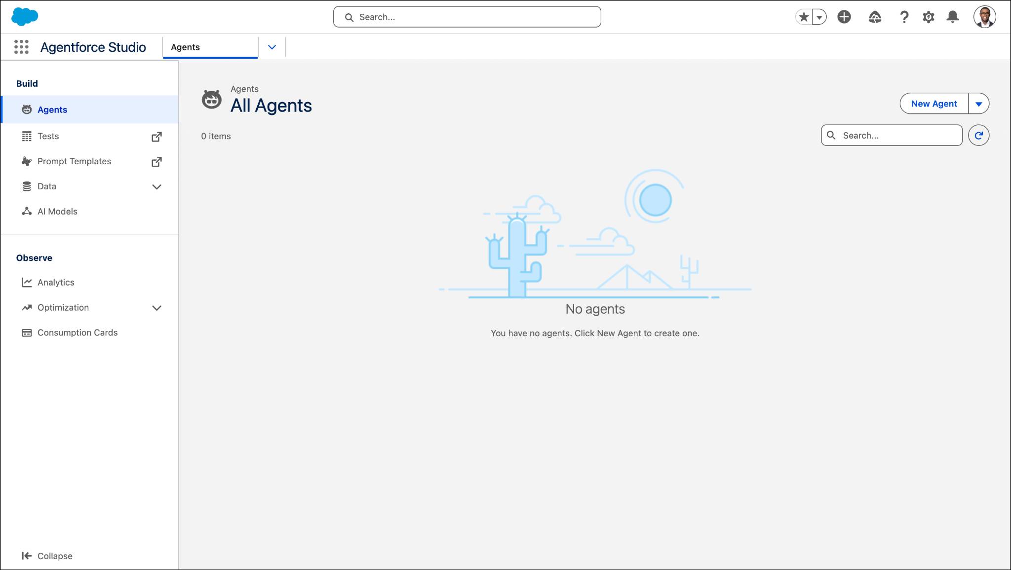 Immagine della schermata della pagina Agents (Agenti) nell’app Agentforce Studio.