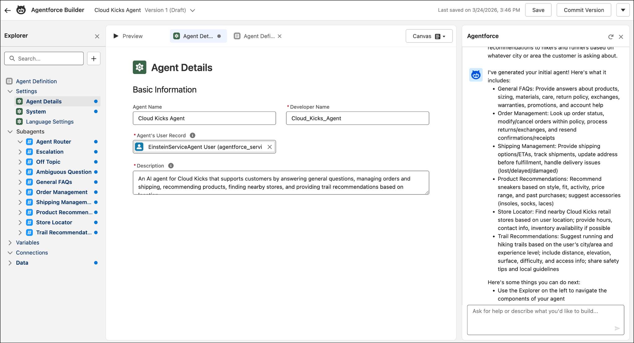 Uma captura de tela do novo agente de IA da Cloud Kicks no Criador do Agentforce.