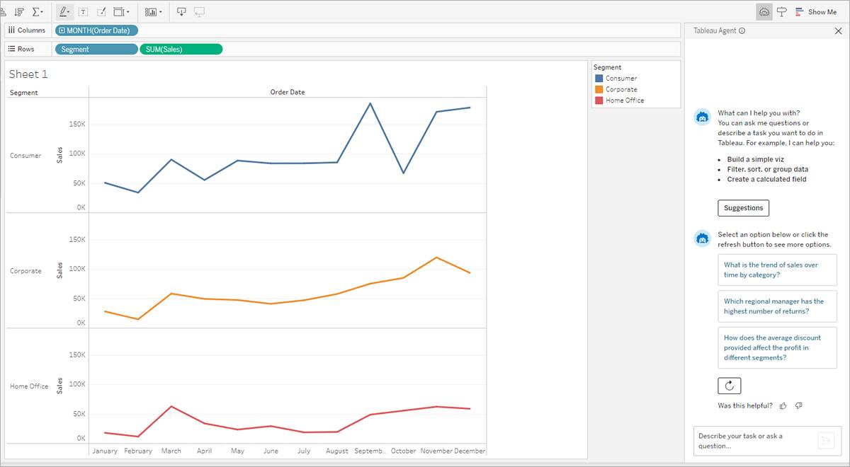 A contextual list of questions generated by Tableau Agent on the right side of a Tableau worksheet.