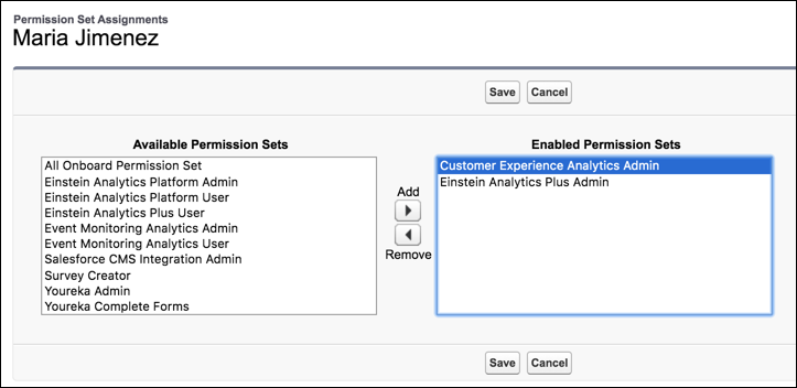 Einstein Customer Lifecycle Analytics を管理するために必要な権限。