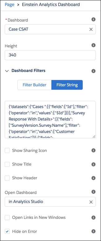 Settings for the Einstein Analytics Dashboard on Case records.