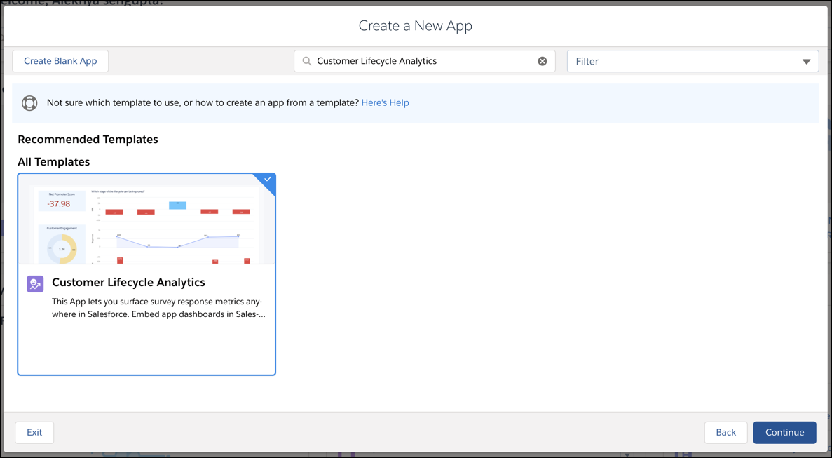 [Customer Lifecycle Analytics] が強調表示されているアプリケーションテンプレートメニュー。
