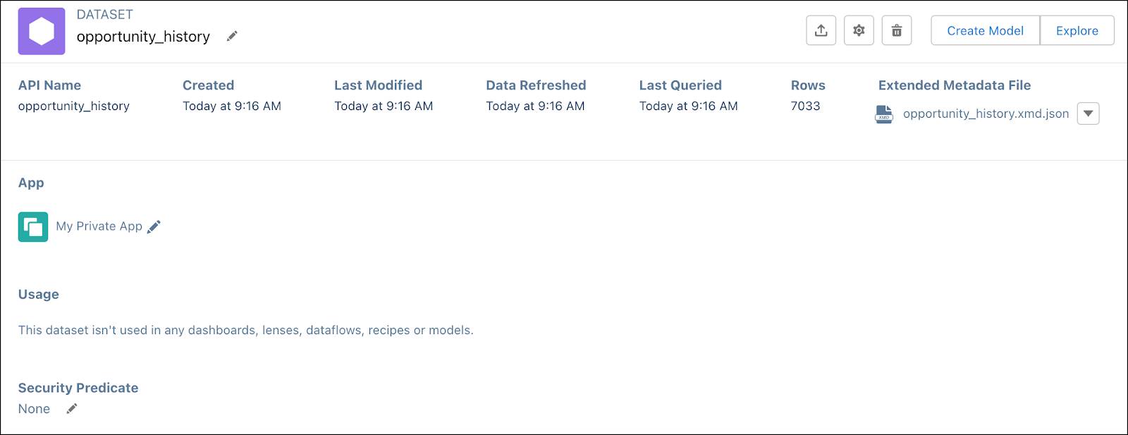 Pantalla de resumen del nuevo conjunto de datos opportunity_history creado a partir del archivo CSV cargado