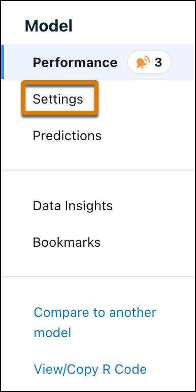 Model left sidebar navigation with Settings highlighted