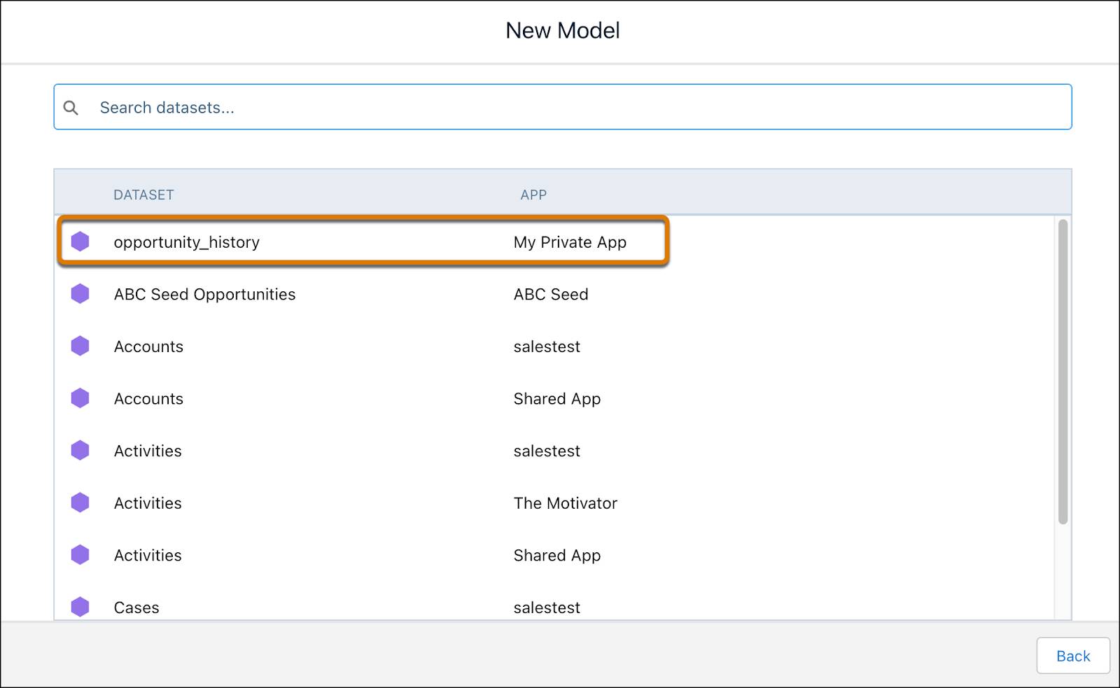 Seleccione el conjunto de datos Tableau CRM que contiene los datos que quiere analizar.